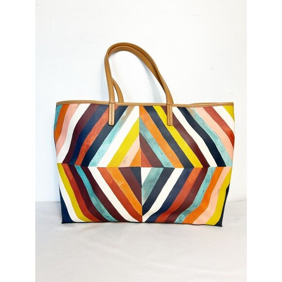 Tory Burch Kerrington Square Striped Large Tote in Diamond Combo - Picture 2 of 10